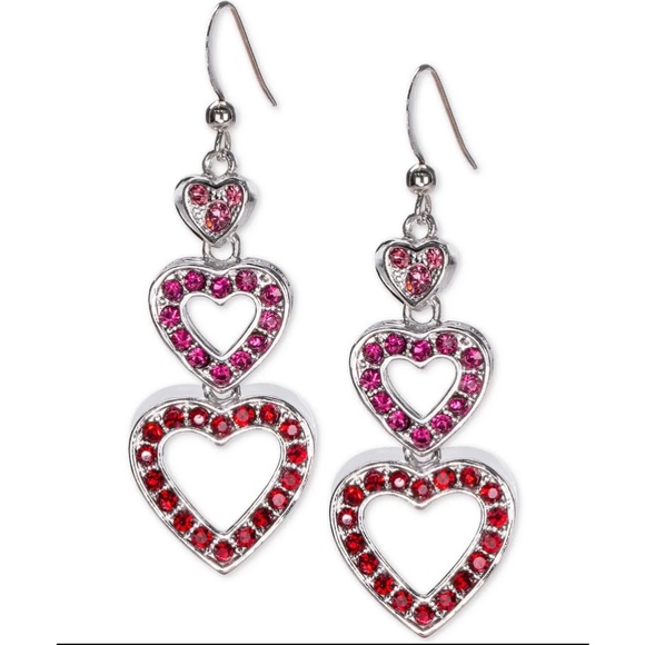 💕Holiday Lane Silver Tone Pavé Heart Triple Drop Earrings Red Pink One Size - Picture 2 of 2